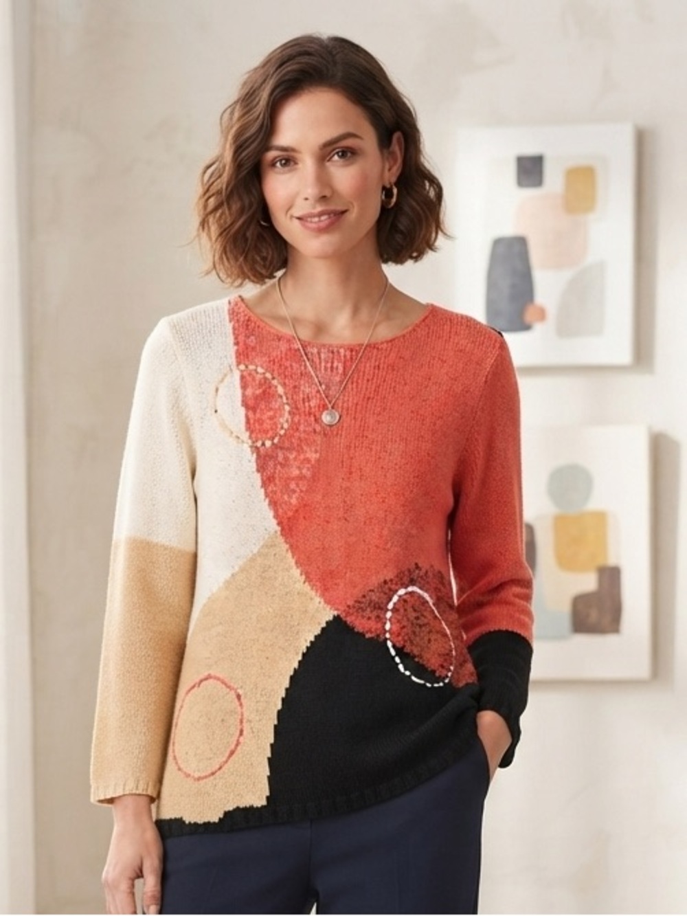 JM Collection Colorblock Red, Black, Cream & Tan Knit Scoop Neck Sweater